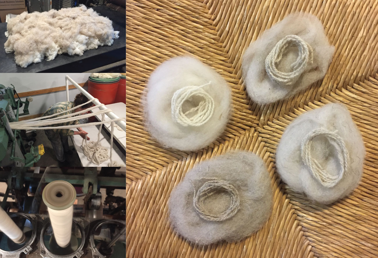 Hemp and wool carded, drafted, and spun into blended yarns; photos by Nick Wenner