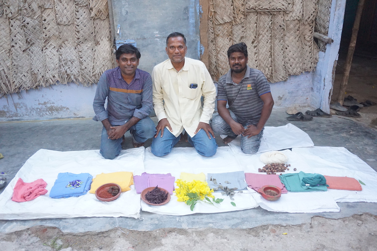 The Wrukshatone founders with samples of their natural dyes in Erode, Tamil Nadu.