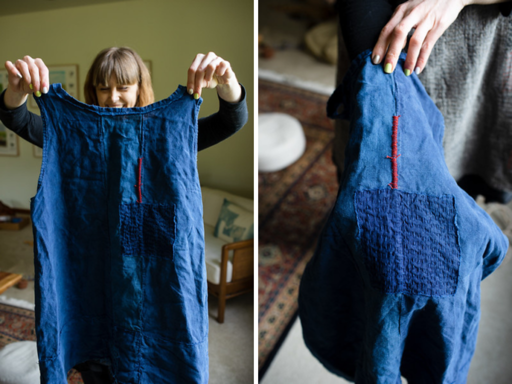 A collage of two photos from a Mending Bar Happy Hour. One photo features Heidi holding up a mended garment, the other features a close up of the mended garment.