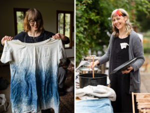 Two photos of Heidi from Fibershed Mending Events