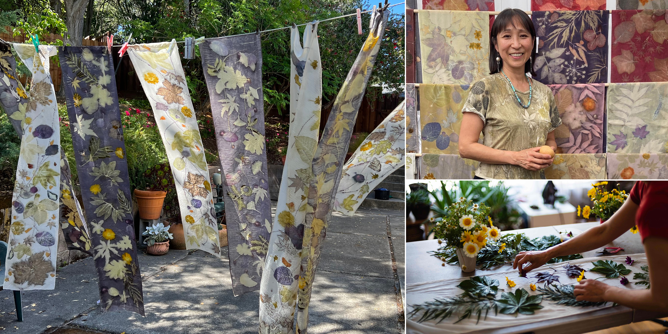Photos of Mayumi's botanical print scarves, the artist, and layering of plants